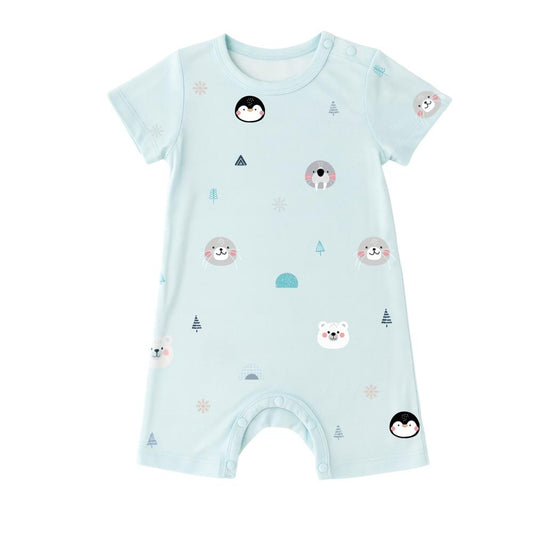 Front view of the Frosty Fam light blue bamboo short sleeve romper for babies, featuring a cute arctic animal print with penguins and polar bears
