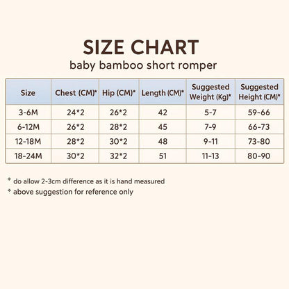 size chart for baby short rompers