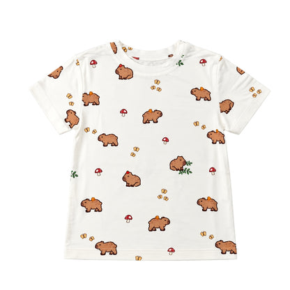 Cuteboid Ultra Soft Bamboo T-Shirt in Capy Meadow print featuring cute capybaras, butterflies, and red mushrooms for kids and adults