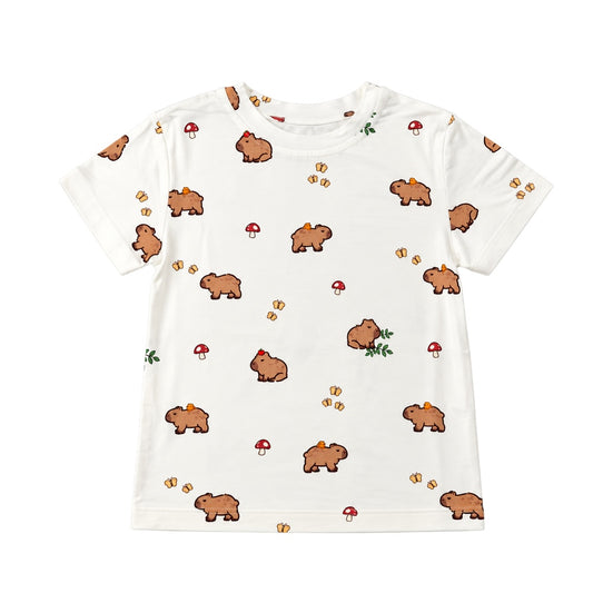 Cuteboid Ultra Soft Bamboo T-Shirt in Capy Meadow print featuring cute capybaras, butterflies, and red mushrooms for kids and adults