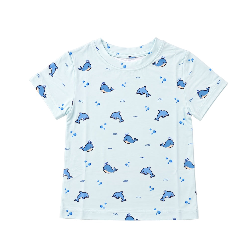 Cuteboid Ultra Soft Bamboo T-Shirt in Oceanboo light blue ocean print featuring spouting whales and dolphins for kids and adults