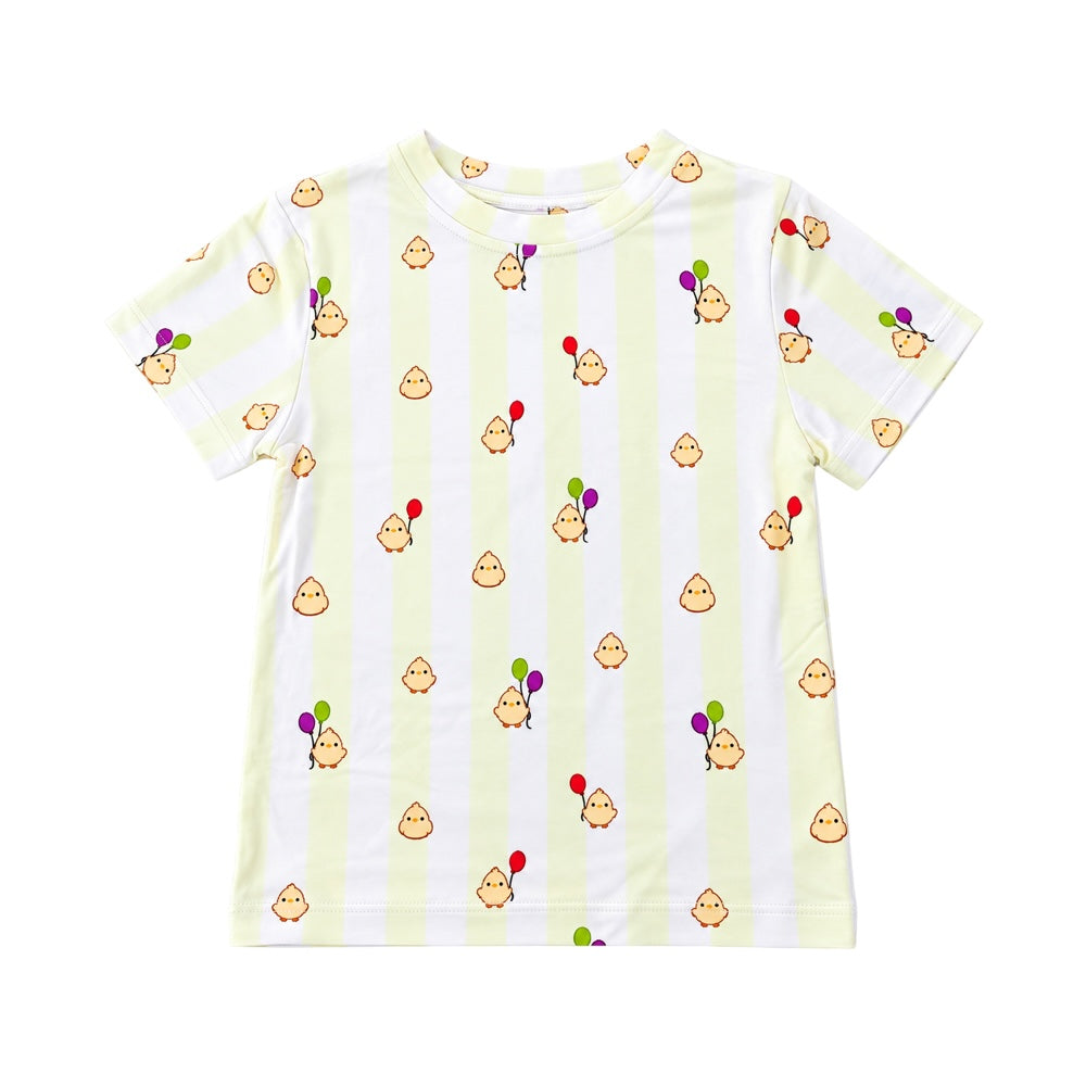 Cuteboid Ultra Soft Bamboo T-Shirt in Peeep & Pop pastel yellow stripe print featuring cheerful chicks with colorful balloons for kids and adults