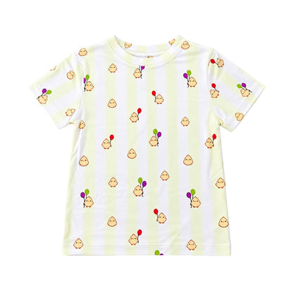 Cuteboid Ultra Soft Bamboo T-Shirt in Peeep & Pop pastel yellow stripe print featuring cheerful chicks with colorful balloons for kids and adults