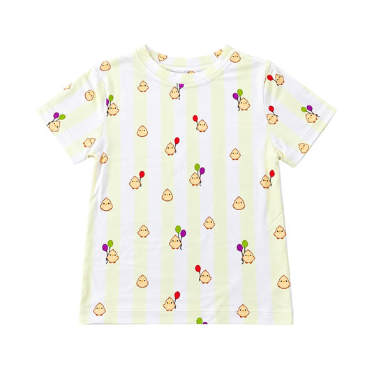 Cuteboid Ultra Soft Bamboo T-Shirt in Peeep & Pop pastel yellow stripe print featuring cheerful chicks with colorful balloons for kids and adults