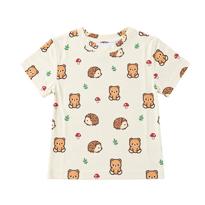 Cuteboid Ultra Soft Bamboo T-Shirt in Woodsy cream woodland print featuring cute teddy bears, hedgehogs, and mushrooms for kids and adults