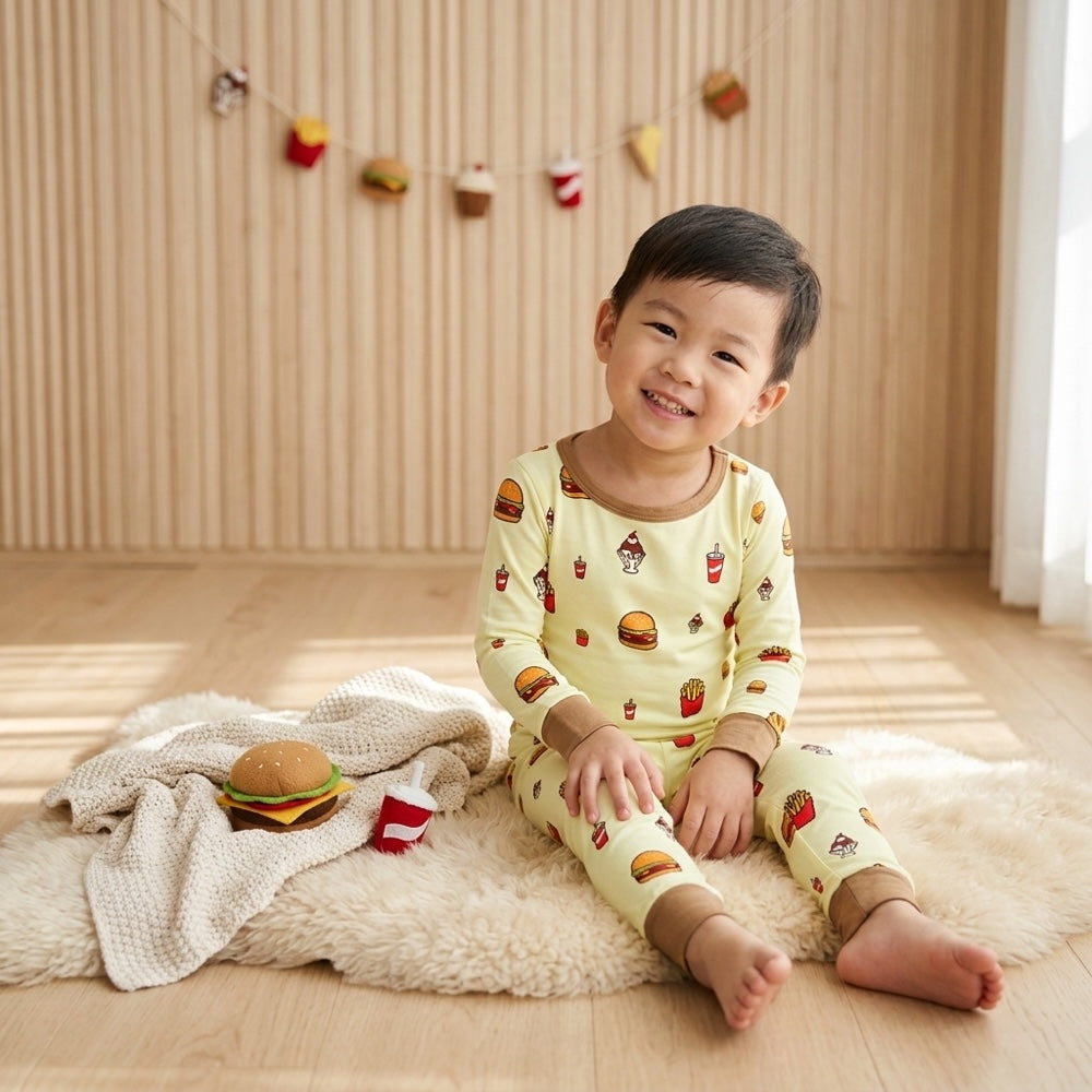 kids long sleeve bamboo sleepwear 2 piece set slim fit in yellow snackie design consist of ice cream sundae, fizzy drinks, burgers and fries.