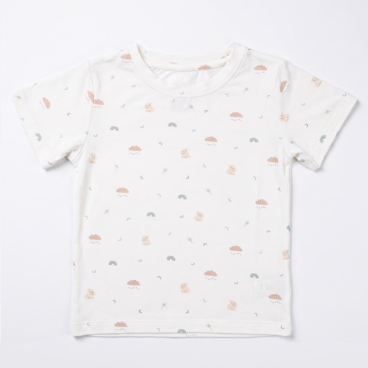 cream colour bamboo t shirt with rabbit, rainbow, cloud and shooting stars prints