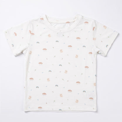 cream colour bamboo t shirt with rabbit, rainbow, cloud and shooting stars prints