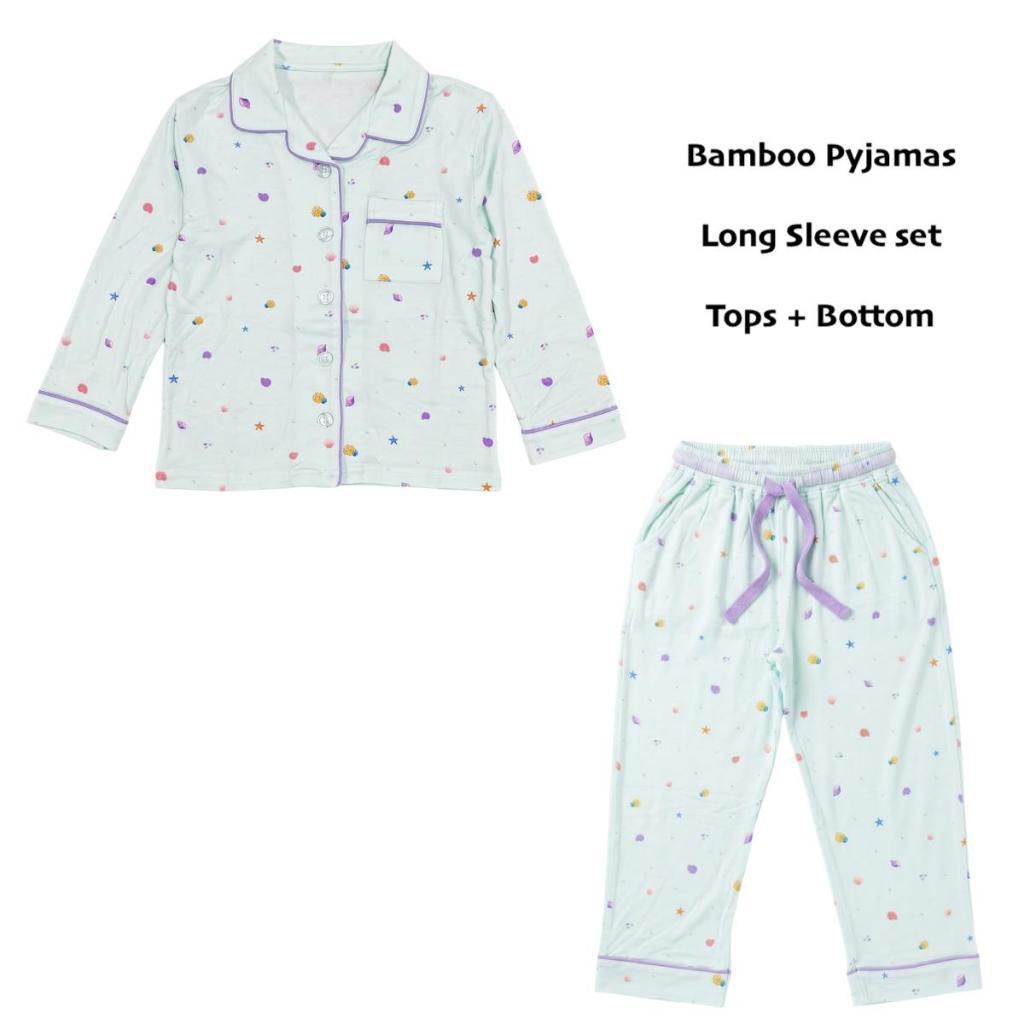 bamboo pyjamas long sleeve tops and long pants, soft and comfortable material. cooling to touch. Both is in Little Lagoon design featuring seashell, starfish, coral and pebbles.