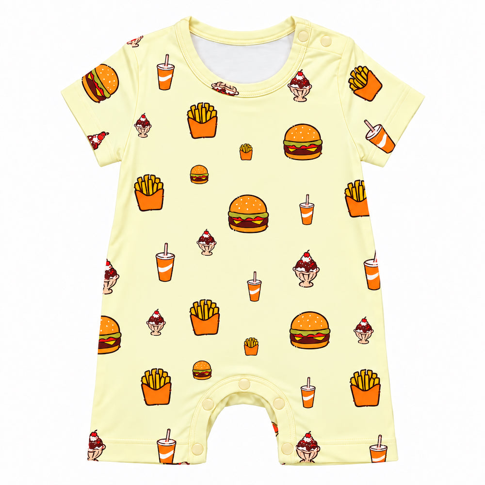 Cuteboid brand baby short romper in playful snackies prints, consist of burgers, fries, fizzy drinks and ice cream sundae prints. Cooling bamboo material for Singapore weather