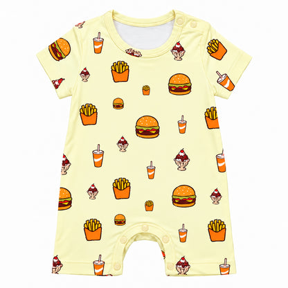 Cuteboid brand baby short romper in playful snackies prints, consist of burgers, fries, fizzy drinks and ice cream sundae prints. Cooling bamboo material for Singapore weather
