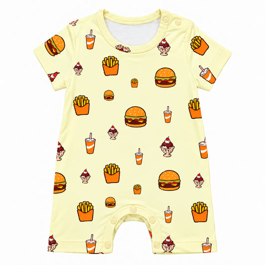 Cuteboid brand baby short romper in playful snackies prints, consist of burgers, fries, fizzy drinks and ice cream sundae prints. Cooling bamboo material for Singapore weather