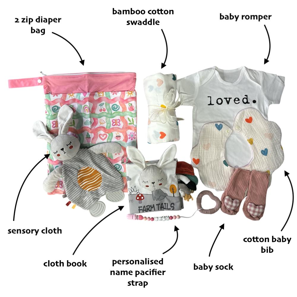Happy Hearts Baby Shower Gift Set with Personalised Name Pacifier Strap