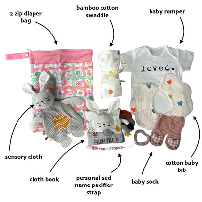 Happy Hearts Baby Shower Gift Set with Personalised Name Pacifier Strap