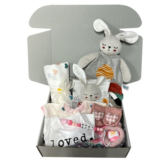Happy Hearts Baby Shower Gift Set with Personalised Name Pacifier Strap