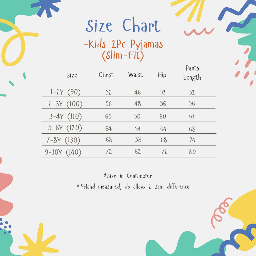 size chart for kids 2 piece sleepwear pyjamas set