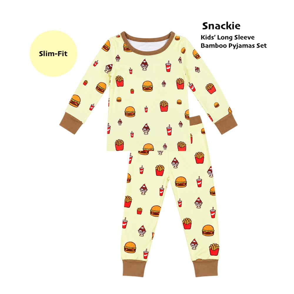 kids bamboo sleepwear 2 piece set in yellow beige with snackie food prints consist of burger, fries, ice cream sundae and fizzy drinks design. slim fit cutting.
