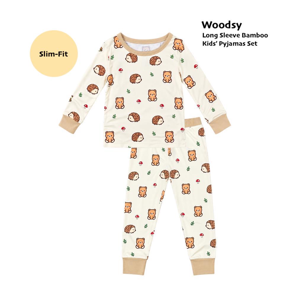 Kids long sleeve bamboo pyjamas 2 piece set slim fit in cream Woodsy bear and hedgehog print