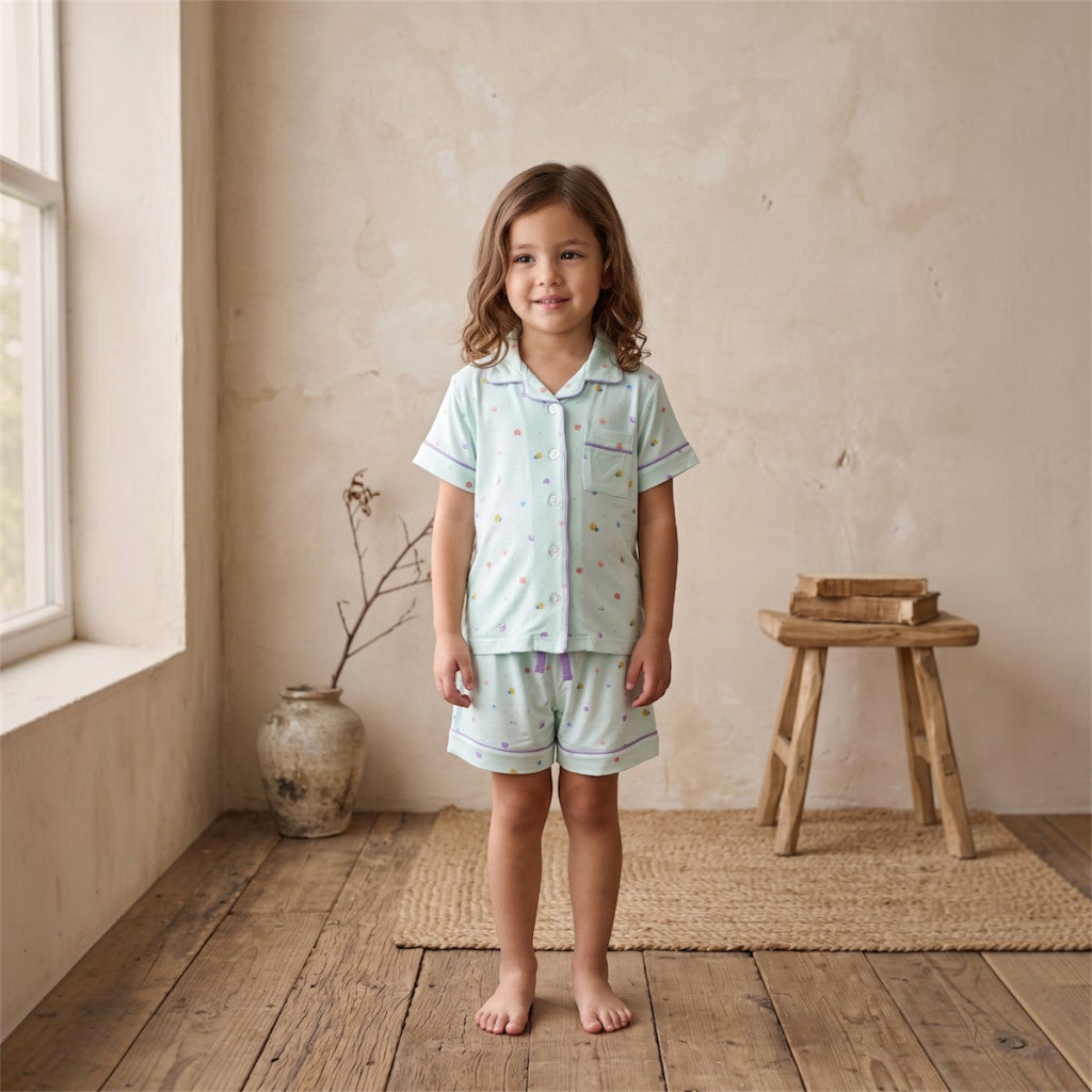 a young girl kids wearing cuteboid bamboo cooling pyjamas standing at the side of the window. The bamboo pyjamas is short sleeve and short pants version with coral, seashell and starfish designs on it