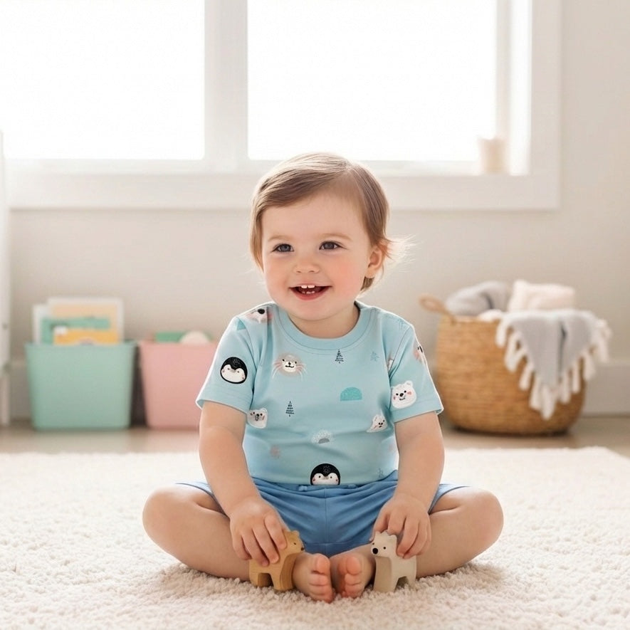 2 years old baby wearing bamboo t shirt sitting and playing