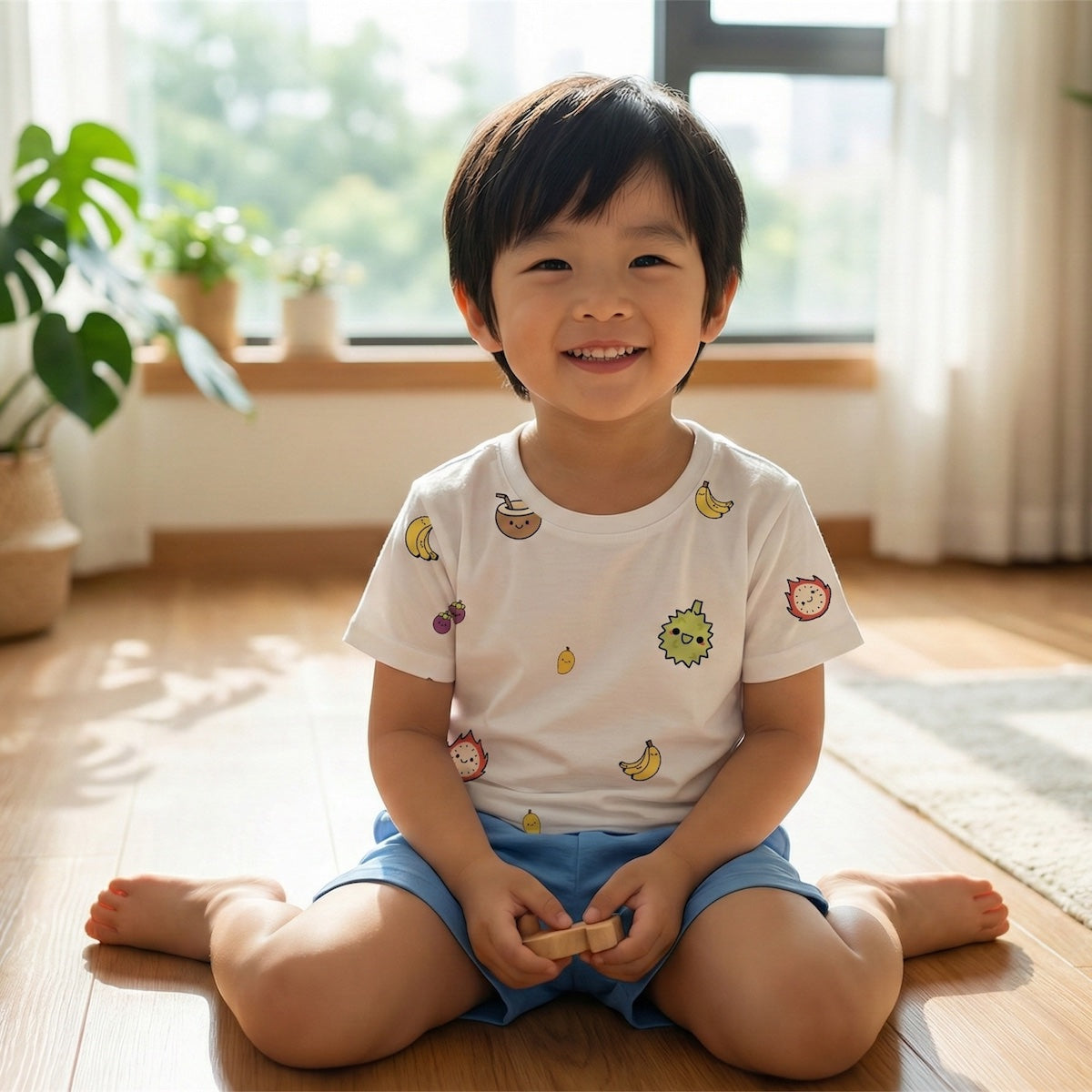 kids sitting on floor wearing bamboo tshirt with fruits design, suitable for sensitive skin, cuteboid brand