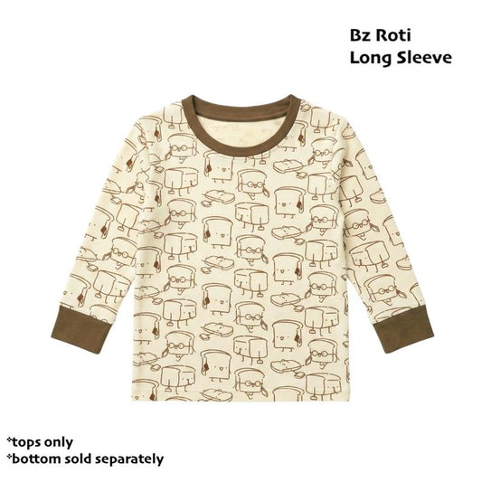 cuteboid brand long sleeve bamboo tshirt with cartoon bread prints on it. soft cooling and breathable bamboo material