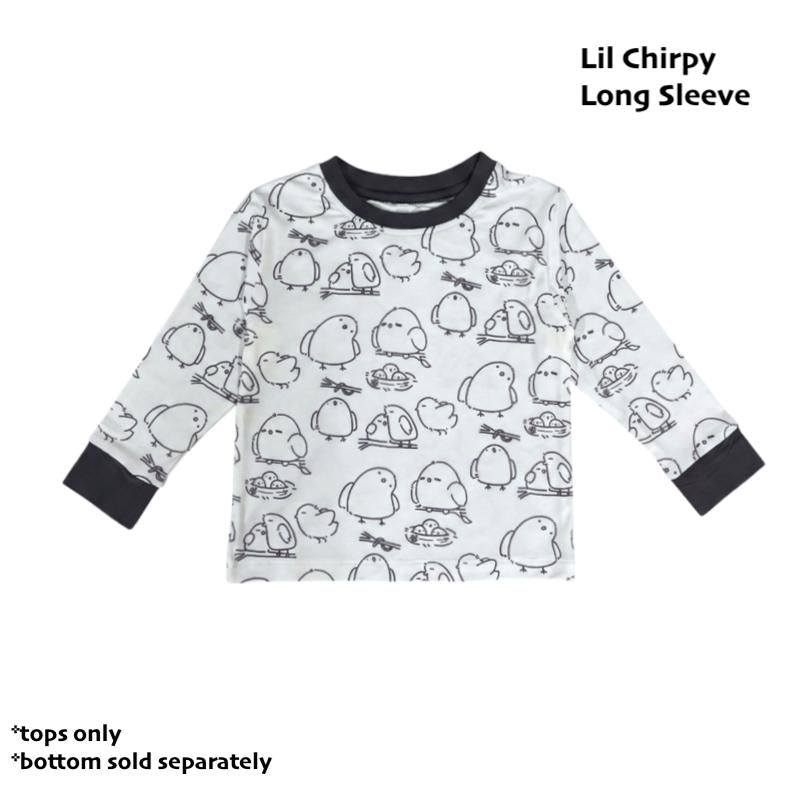 cuteboid long sleeve bamboo tshirt lil chirpy design with hand drawn birds print on it, soft and cooling bamboo material