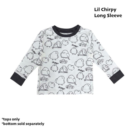 cuteboid long sleeve bamboo tshirt lil chirpy design with hand drawn birds print on it, soft and cooling bamboo material