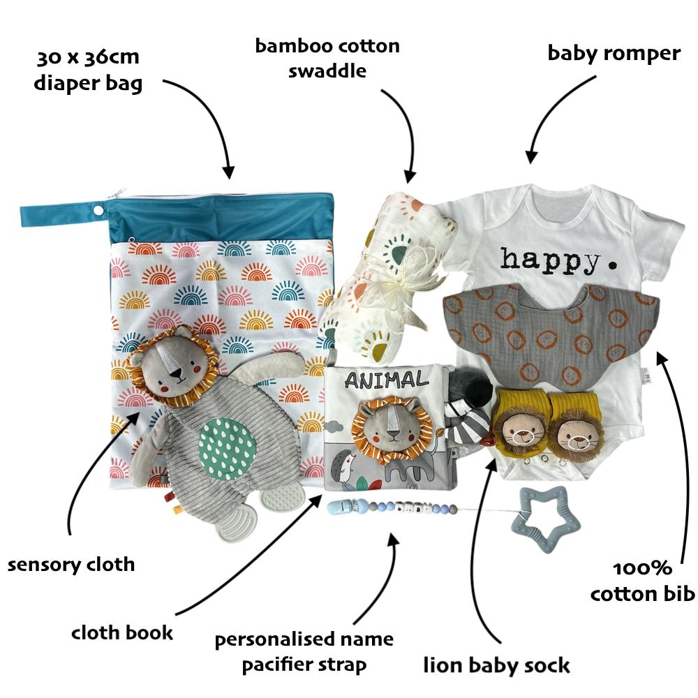 Little Ray and Roar Baby Shower Gift set with Personalised Name Pacifier Strap