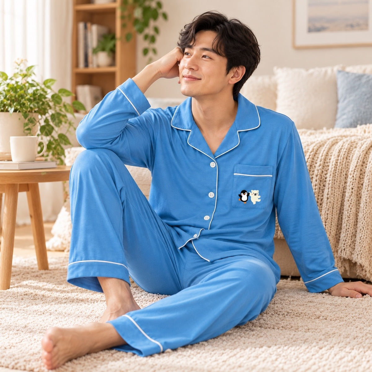 men wearing blue colour cuteboid cooling bamboo pyjamas long sleeve set lounging at bedroom. very comfortable and cooling