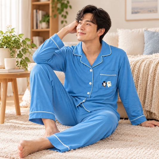 men wearing blue colour cuteboid cooling bamboo pyjamas long sleeve set lounging at bedroom. very comfortable and cooling