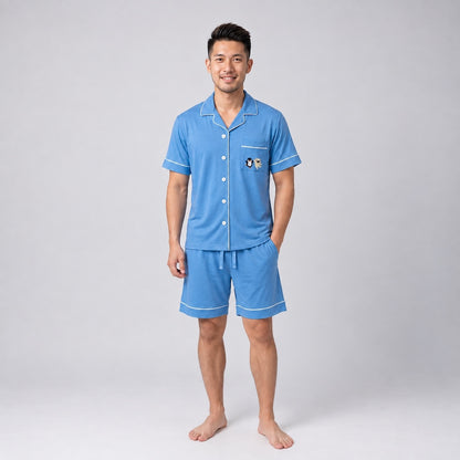 men wearing blue colour bamboo short sleeve pyjamas set. Comes with collar and buttons on the tops. Comfortable and cooling bamboo materials for Singapore hot and humid weather