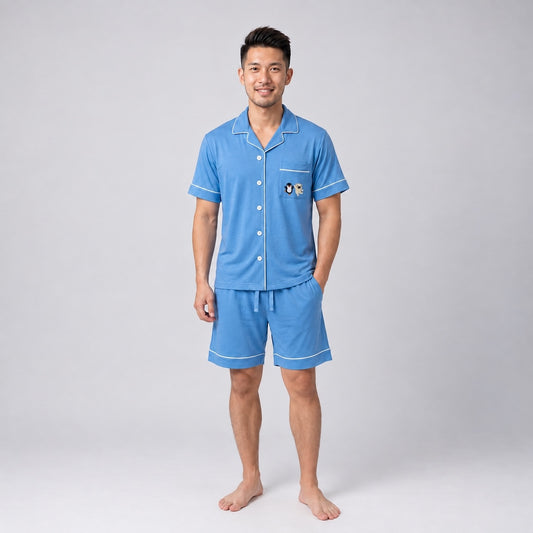 men wearing blue colour bamboo short sleeve pyjamas set. Comes with collar and buttons on the tops. Comfortable and cooling bamboo materials for Singapore hot and humid weather