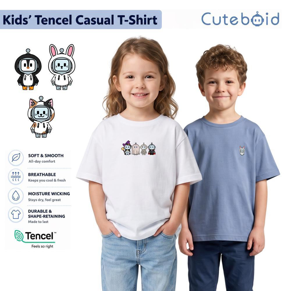 boy and girl wearing white and blue tencel oversized cooling t-shirt from Cuteboid with prints