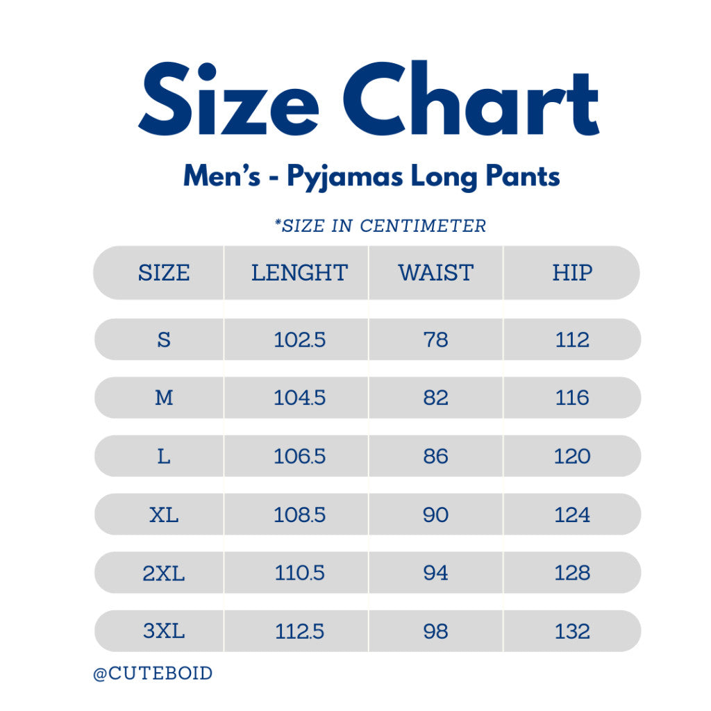 size chart for cuteboid bamboo long pants pyjamas