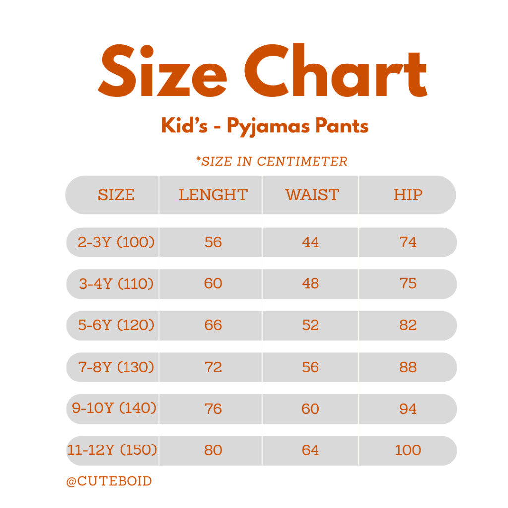 size chart for kids long pants bamboo pyjamas