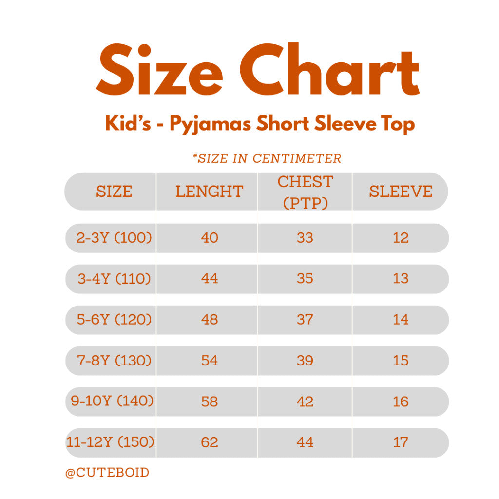 size chart for cuteboid brand kids bamboo short sleeve pyjamas top