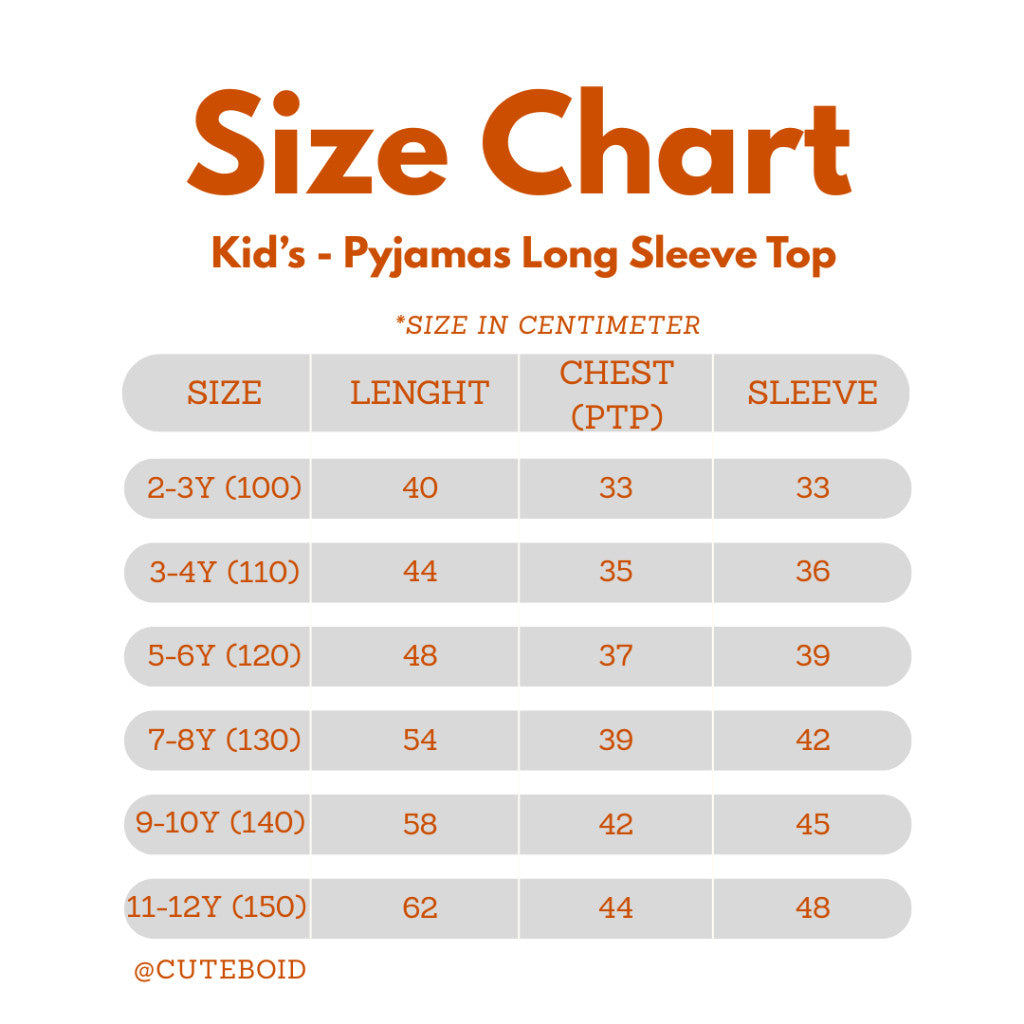 size chart for kids long sleeve bamboo pyjamas tops