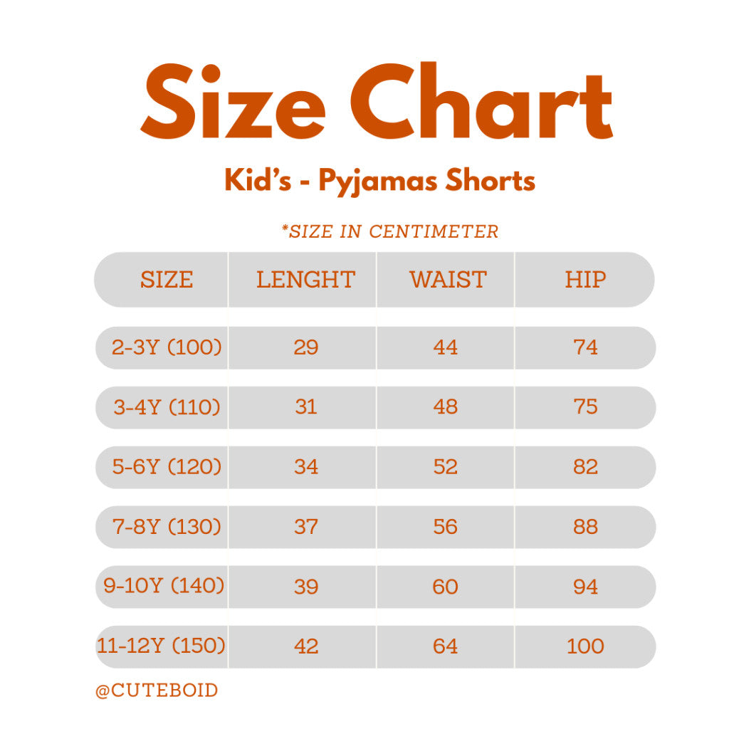 size chart for bamboo short sleeve pyjamas shorts