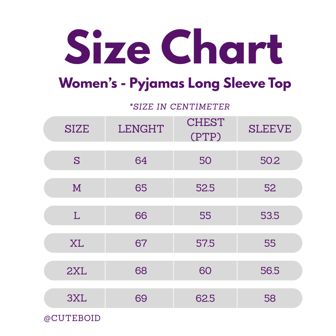 size chart for women long sleeve pyjamas top