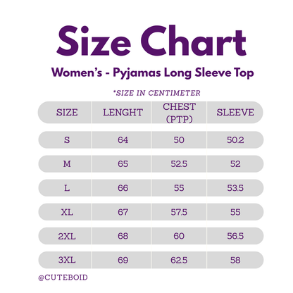 size chart for women long sleeve pyjamas top