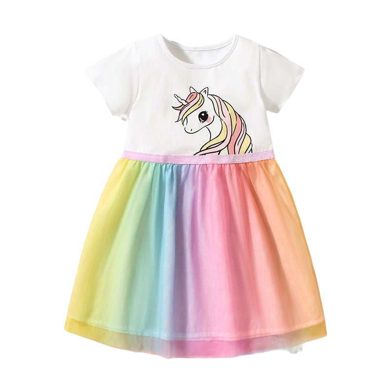 Kids Ombre Mesh Overlay Dress with Unicorn Print